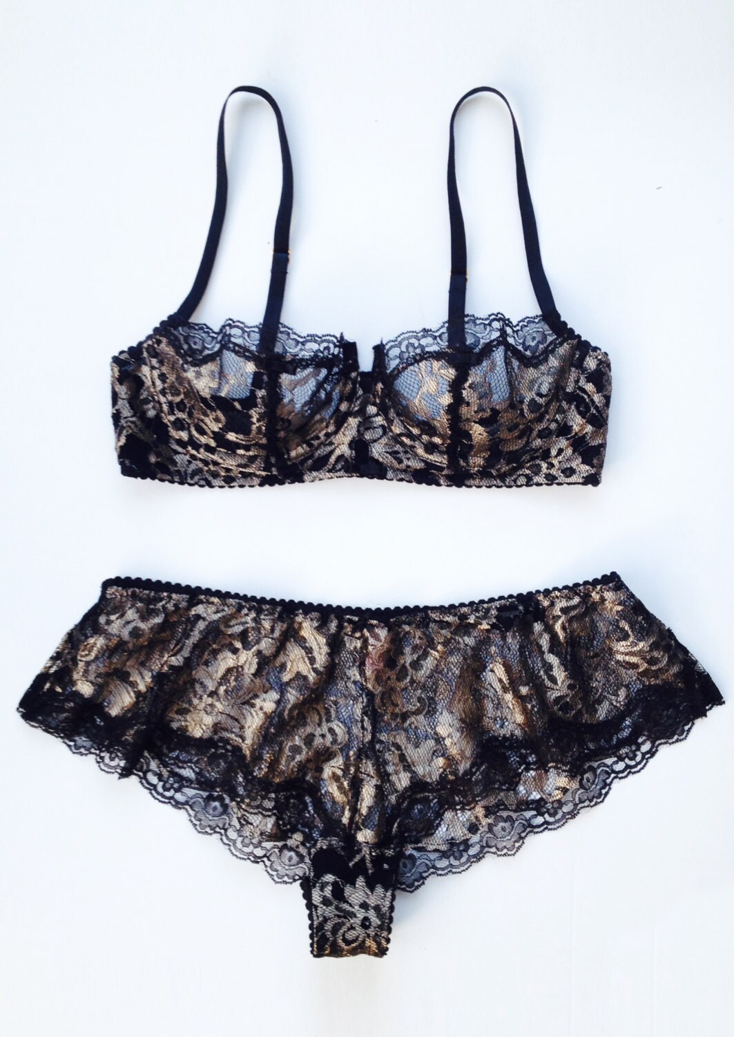 Gold and Black balconette lace lingerie set