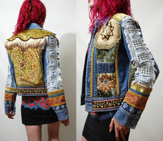 70s Vintage Bohemian DENIM JACKET Patchwork Velvet by cruxandcrow