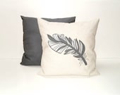 Decorative Throw Pillow,  Feather Unbleached Cotton Pillow Case, Appliqued, dark grey and grey