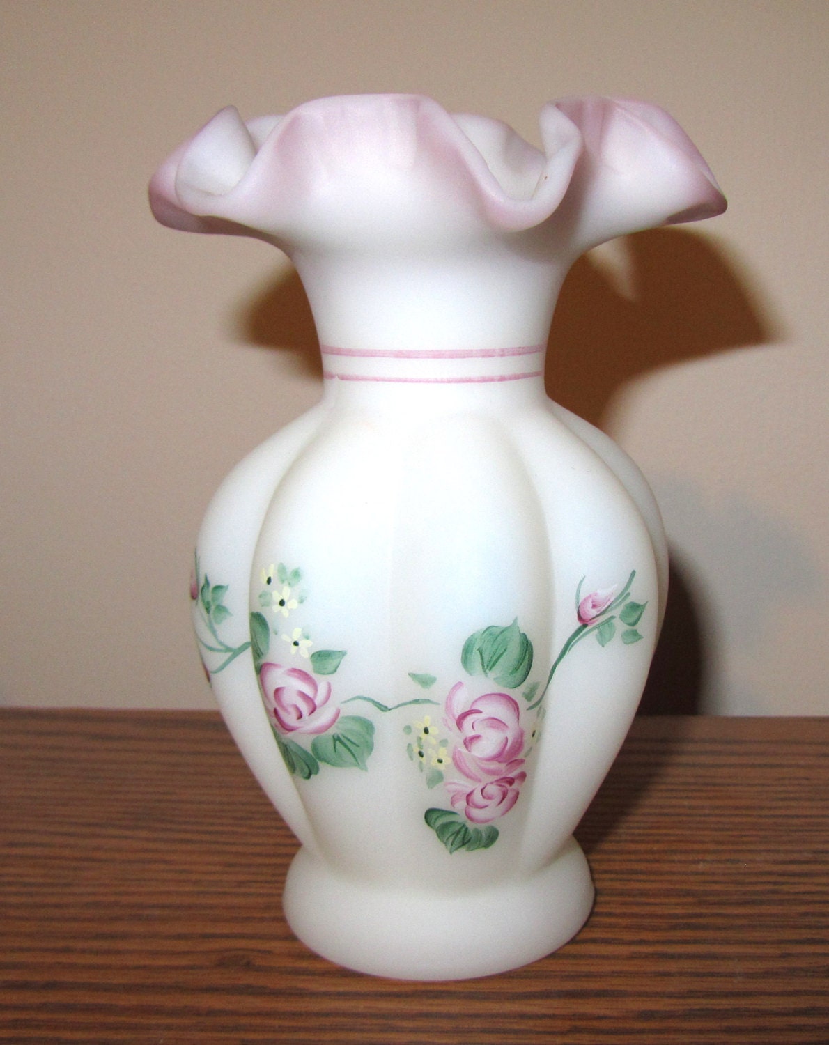 Vase Fenton Glass Pink Rose Design Handpainted and Signed with