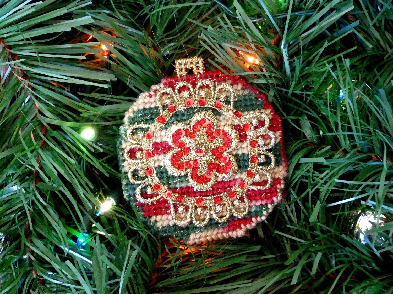 Plastic Canvas Christmas Ornament Ball Round Handmade Holiday Home Decoration Original Multi Colored Needlecraft Traditional Ornament