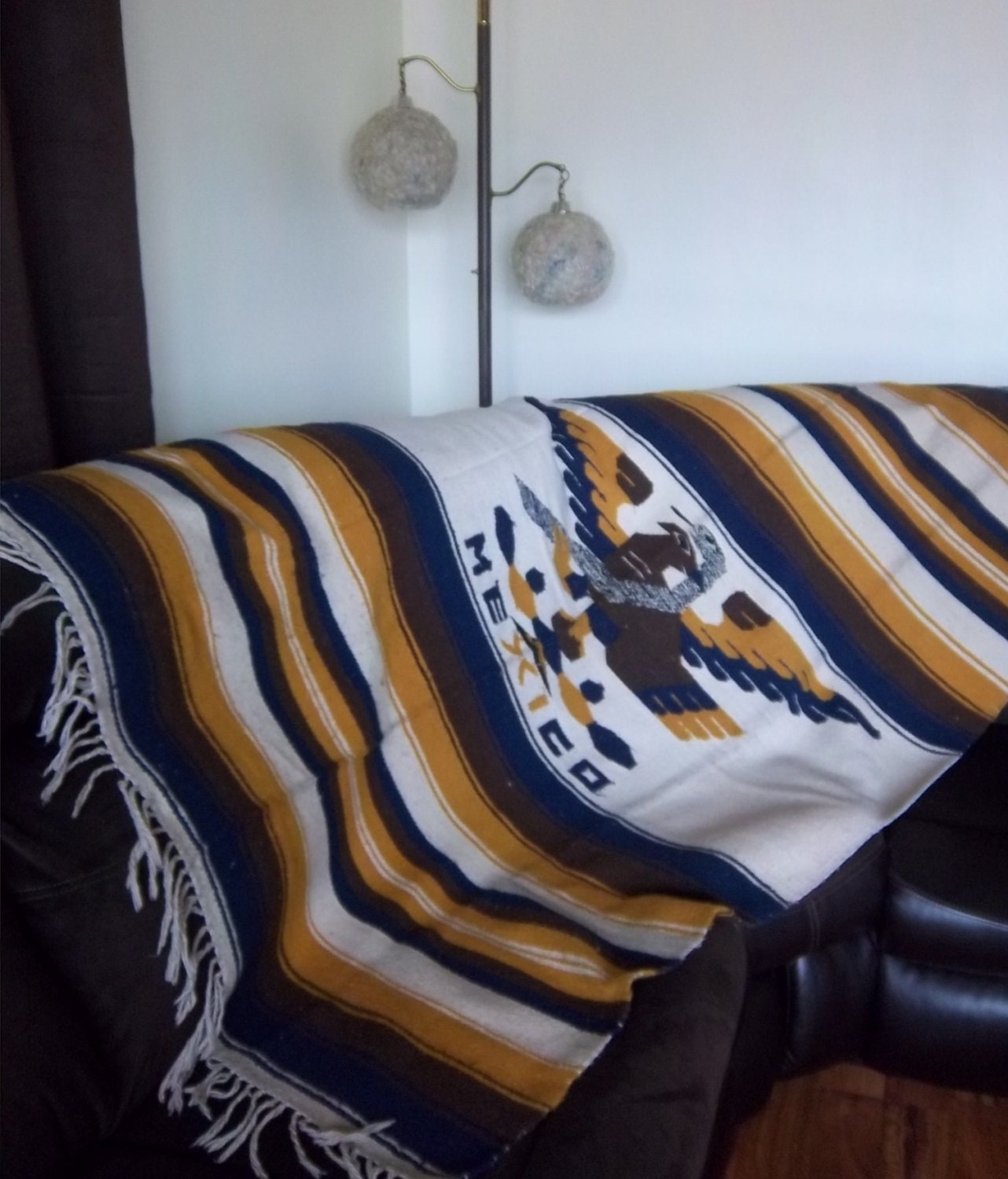 Huge Thick Wool Thunderbird Mexican Blanket Clean by DayJahView