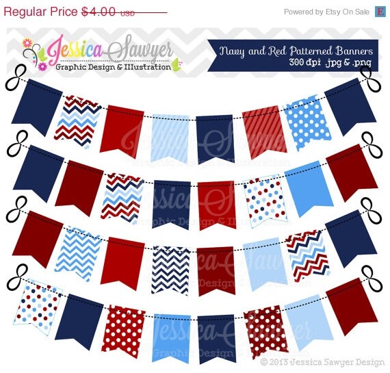 50% OFF - INSTANT DOWNLOAD, navy and red patterned bunting banner clipart, nautical birthday party, for cards, scrapbooking, invites Il_570xn