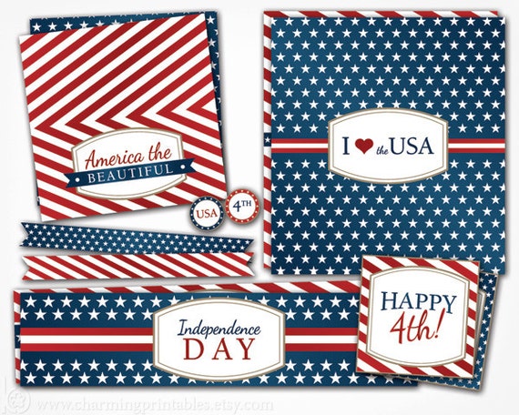 4th of July Party Package - PRINTABLE Party Set (Bag Toppers, Circles, Tags, Water Bottle Labels, Flags) - July 4th Collection Il_570xn