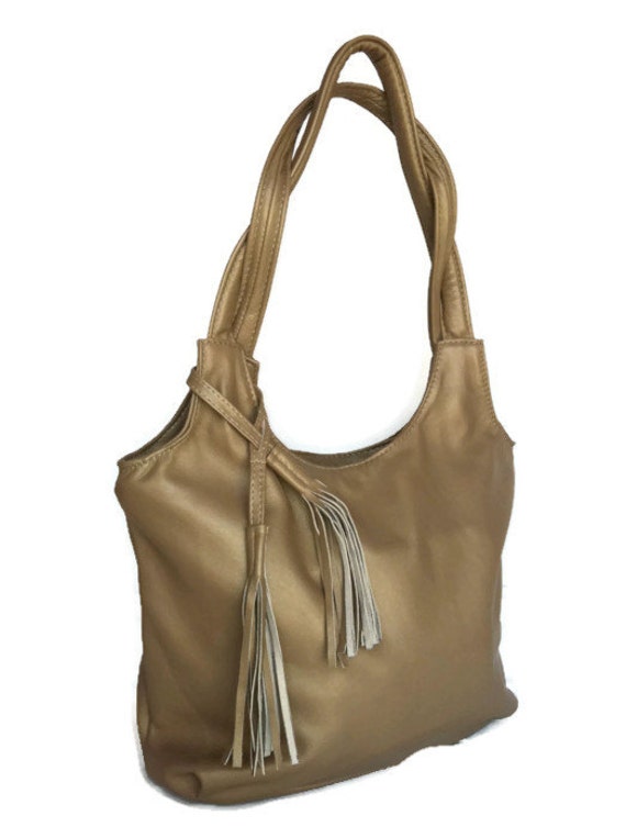 ON SALE Tote fringe leather purse bronze gold smooth soft leather ...