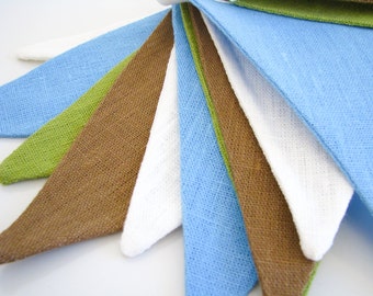 Bunting / Fabric Flag Banner / Pennant Nursery / Porch / Patio Decor / Photo Prop / Blue / Champagne White / Brown / Green