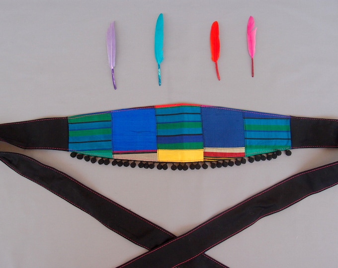 Blue Fabric Women Belt Silk Ribbon Belt Pom Pom Obi Belt Silk Patchwork Belt