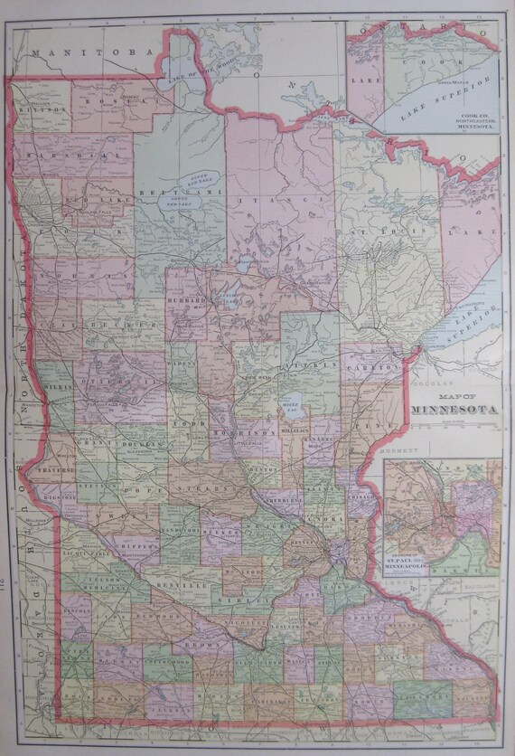 Vintage MINNESOTA State Map 1900 Antique Map of by plaindealing