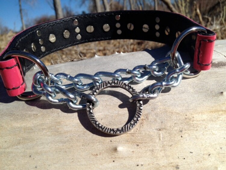 Cool custom leather pink martingale style dog collar by kerinwolfe