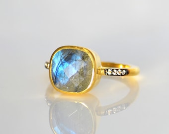 Labradorite ring - micro pave ring - White Topaz Pave ring, statement ring, cushion ring, pave jewelry, bezel set ring, stacking ring