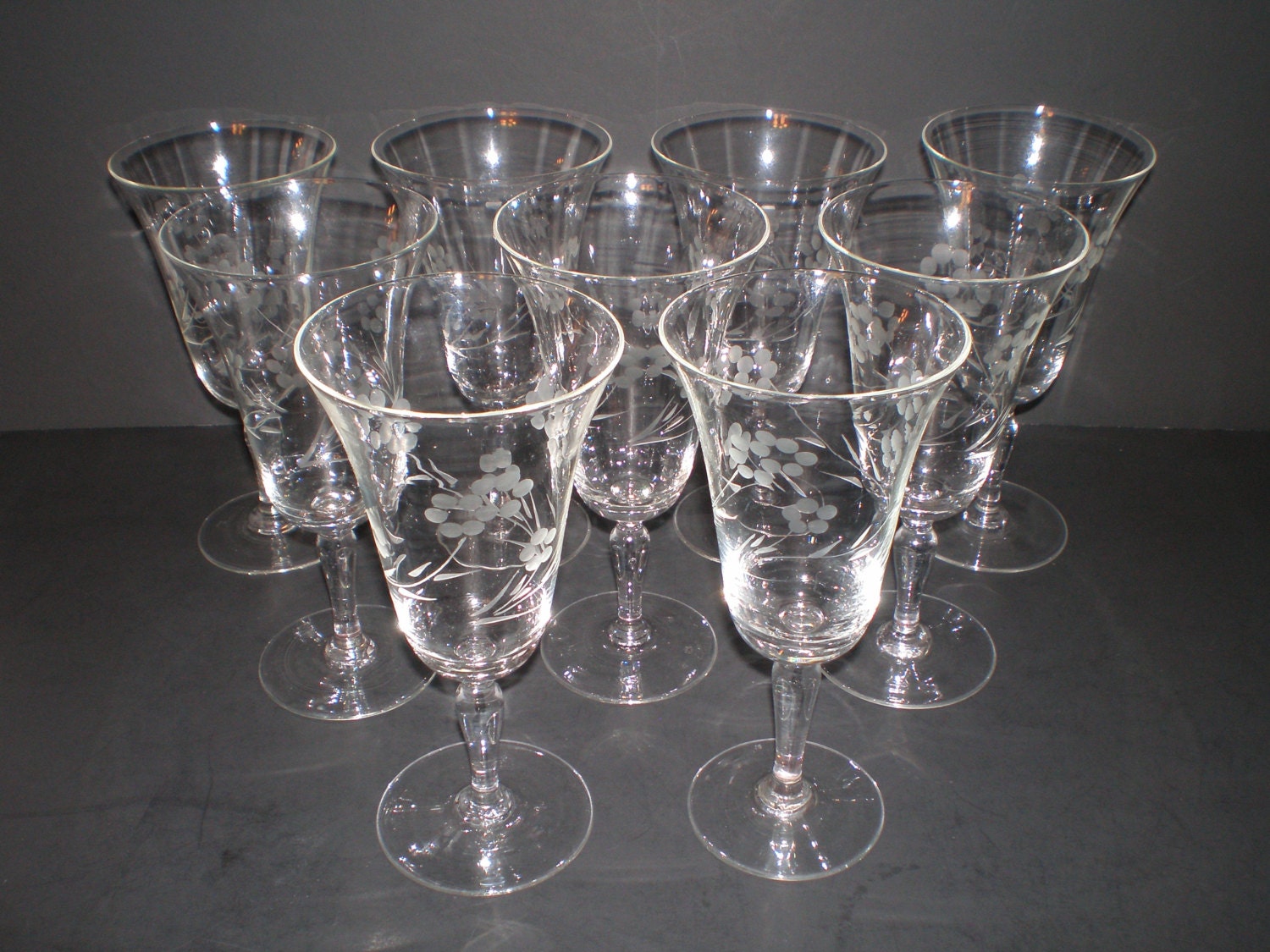 9 Etched Wine Glasses Libbey Stemware Clear Glass Vintage