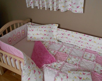 Baby Pink Pottery Barn Fabric PENELOPE Bird Crib Bedding Set Rag Quilt Valance Sheet Skirt Pillow Case