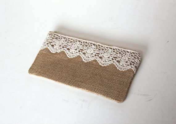 Burlap Lace Clutch Cotton Lined Zipper Closure Small Purse Cell Phone Bag New Bridesmaid Gift