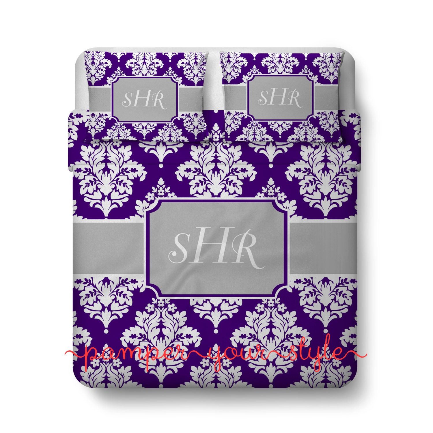 Purple Damask Personalized Bedding Purple and Gray Bedroom