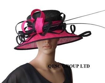 Fuchsia Hot pink/black sinamay hat large dress church hat w/sinamay twist&loop,two ostrich spines,for Kentucky derby,wedding races