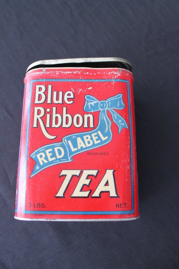 Vintage Large Blue Ribbon Red Label Tea Tin 3 lb net wt