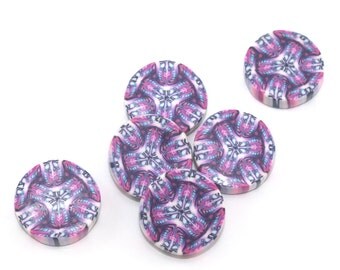 Kaleidoscope beads, pink, purple and white kaleidoscope, round flat beads, Polymer clay beads, set of 6 millefiori beads