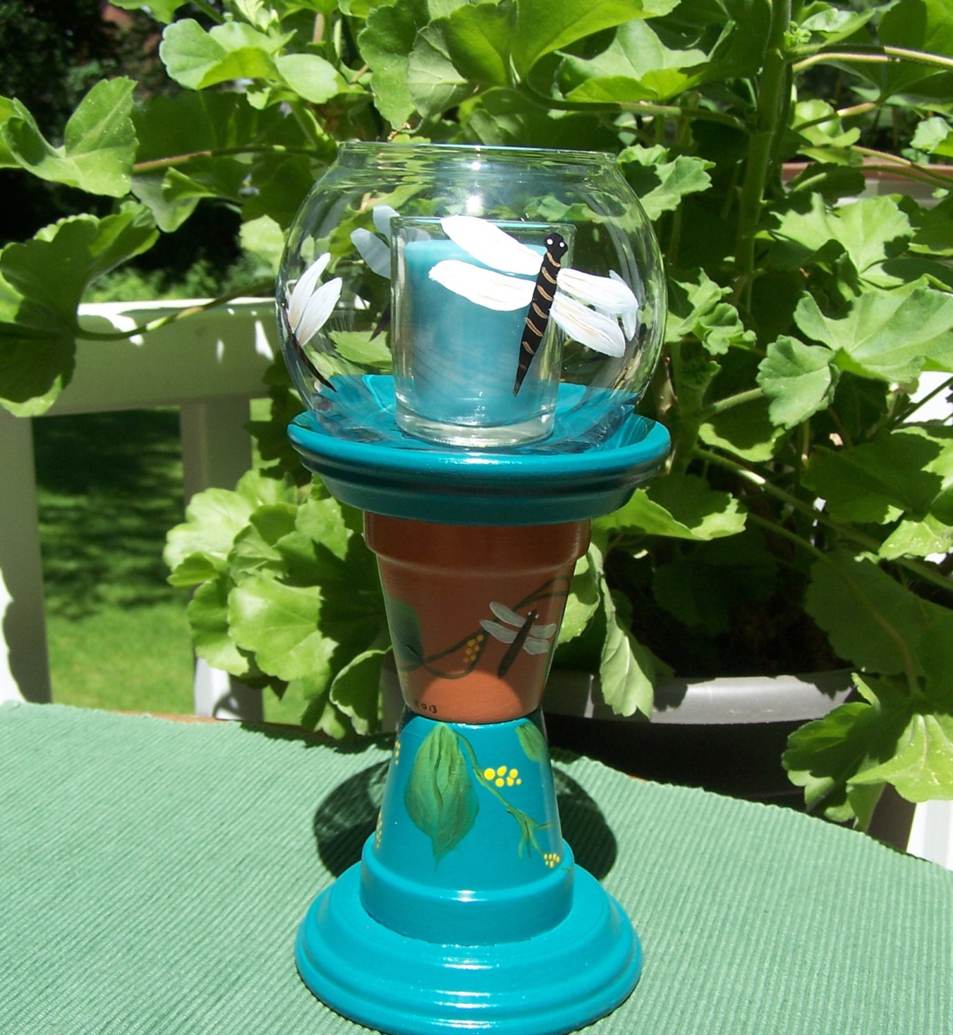 Dragonfly Clay Pot Candle Holders for Deck or by CraftedByNanny