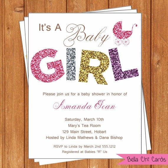Glitter Girl Baby Shower Invitations BSI218DIY 5.5 X 4.25 Editable ...