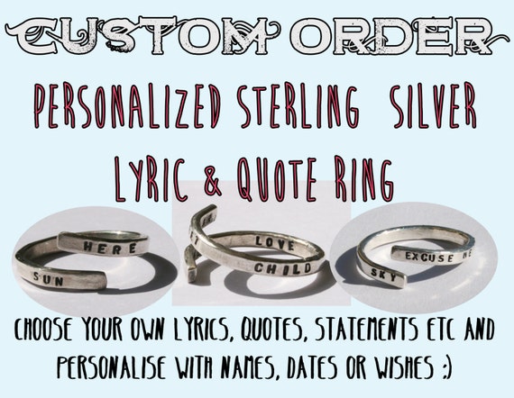 Custom Sterling Silver lyric ring. Personalise with own lyrics, name ...