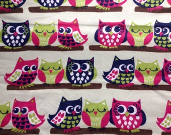 FLANNEL - Pretty Colorful Owls - Owl Fabric