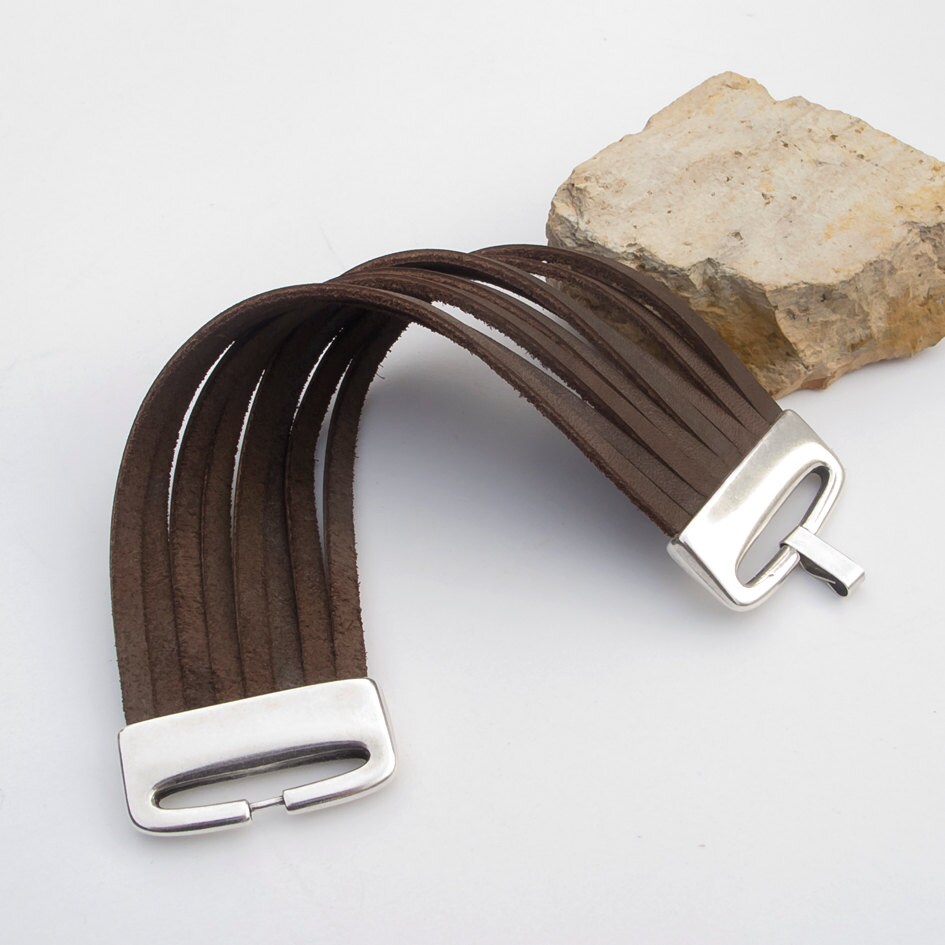 Women's leather cuff bracelet with matt silver large