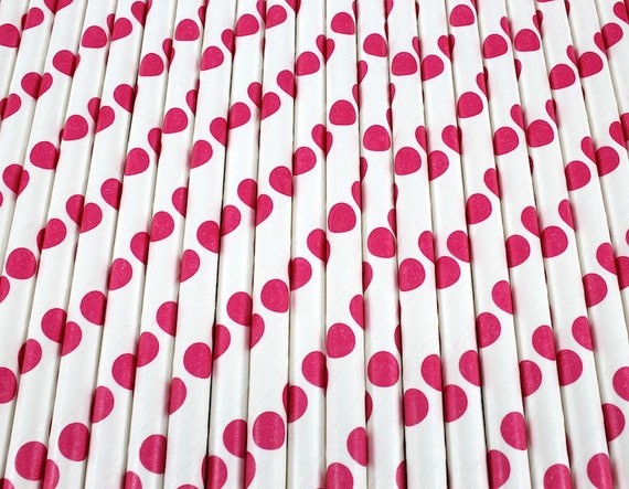 25 Hot Pink Polka Dot Paper Straws - Drinking Straws - Baking Candy Making Craft Party Supplies Il_570xn