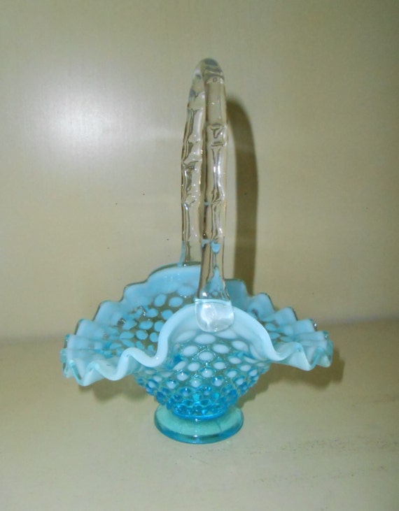 Vintage Fenton Art Glass Blue Opalescent Hobnail Basket 6