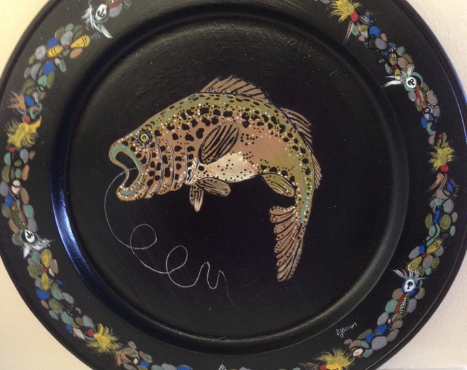14" Diameter Solid Wood Plate - Bass, Lures and Line painted in Acrylics - To Hang on Your Wall