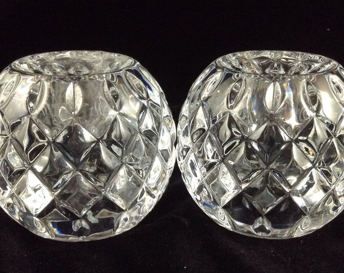 Set 2 Vintage Lead Crystal Glass Candle Holders Round Orb Shaped