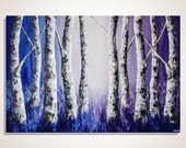 Birch tree painting Landscape painting Modern wall art purple and blue palette knife birch trees painting on canvas- Sale