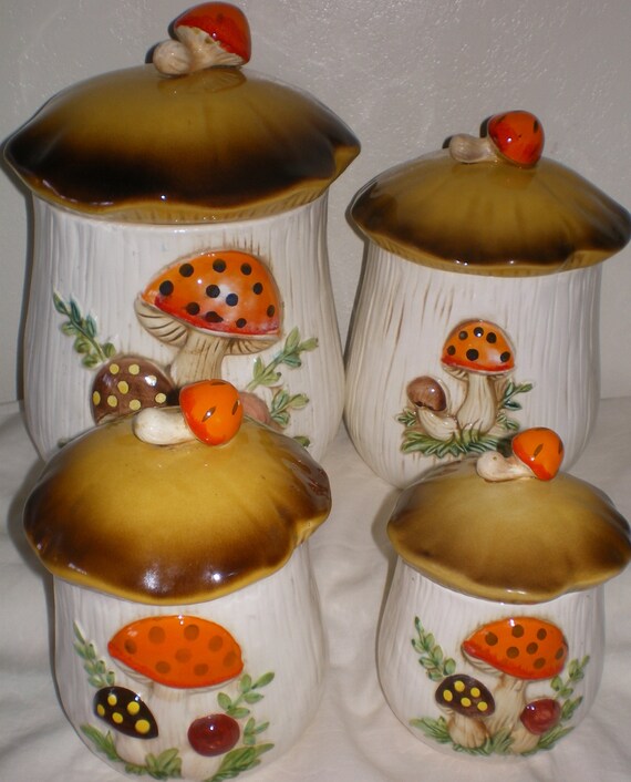 Vintage 1970s Sears Merry Mushroom 4 Piece Canister Set