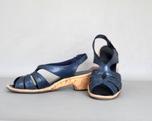 slingback 7.5 Women's old Sandal Leather navy sandals Navy