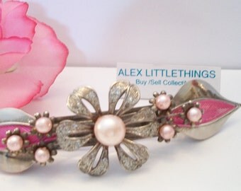 Vintage Pink Floral Pearl Barrette Hair Clip Wedding Prom Quinceanera