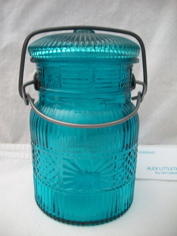 Vintage Blue Glass Jar w/ Snap Down Lid Avon Ribbed Design on