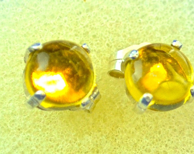Amber Cabochon Studs, 6mm Round, Natural, Set in Sterling Silver E560