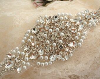 pearl and rhinestone applique for wedding sash, bridal belt, wedding headware