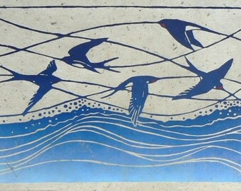 Swallows linocut print