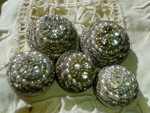 5 Art Deco French Buttons -1930's - Rhinestones & F aux Pearls Beaded - Silver Couture Buttons - Silver Thread Braided -Jewelry Assemblage