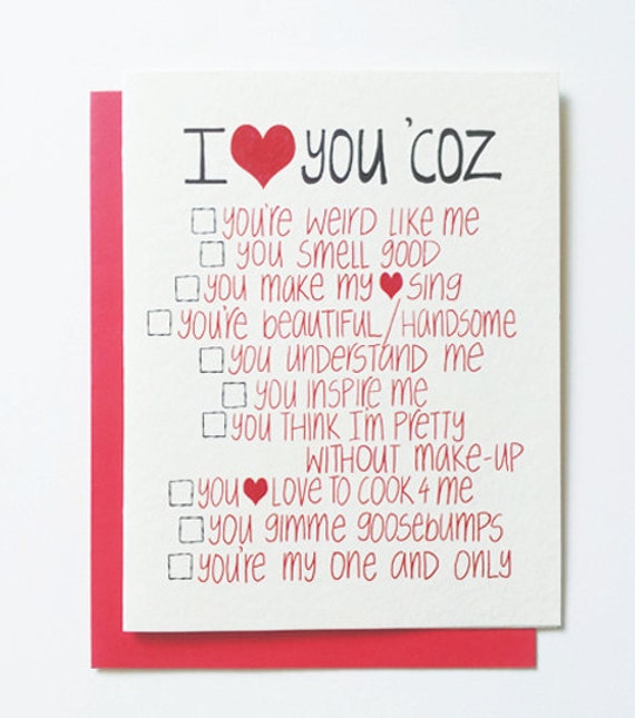 I love you card with funny list romantic by GreenBeanThings