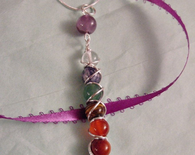 7 Chakra Pendant Wire Wrapped Sterling Silver Available, Gemstones, Harmonize Energy Centers, Reiki Jewelry, FREE SHIPPING