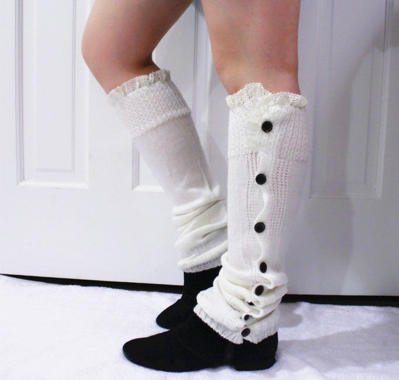 White Lace Leg Warmers Knitted Leg Warmers with Lace and