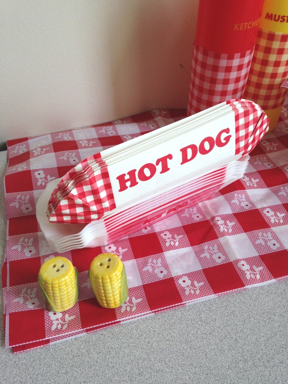 Red White Check gingham Hot dog paper holders red hot dog