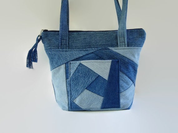 Denim Jean Crazy Quilt Purse Upcycled Recycled Jean Bag Blue