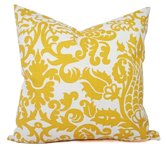 Two Pillow Covers Yellow Damask Pillows by CastawayCoveDecor