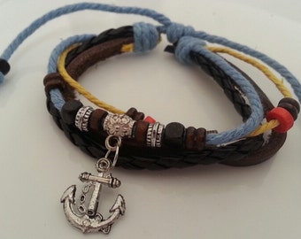 Sale 50% off Silver anchor beaded adjustable leather bracelet gift for ...