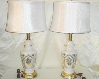 Vintage Table Lamps Set - 3-way Irridescent Glass w/ Gold Deco - by Accurate Casting - With Shades