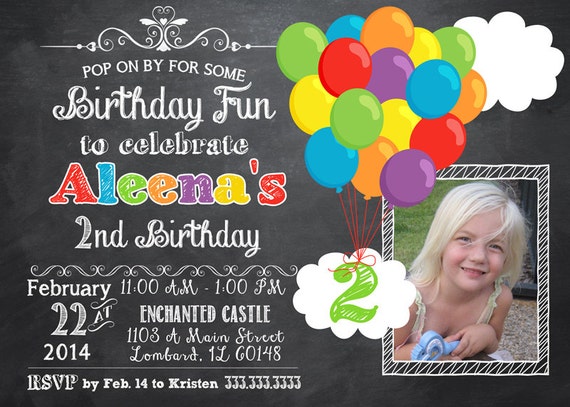 Bright Balloons Chalkboard Look Birthday Party Invitation - Printable Il_570xn