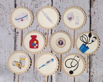 Gold Nurse/Doctor Cupcake Toppers (Set of 9)