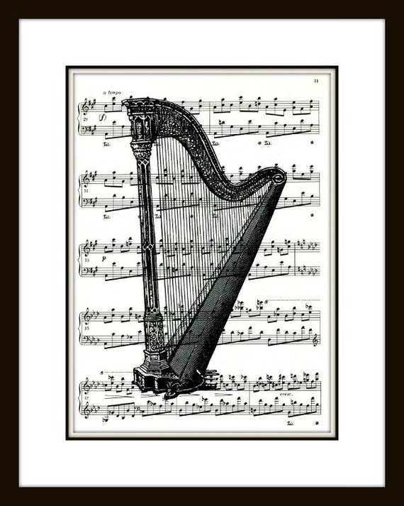 Items similar to Antique Harp Classical Music Art Print 